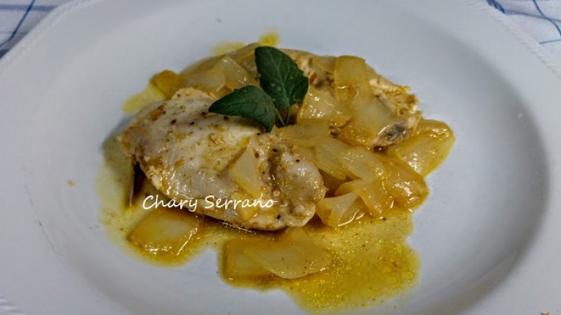 PECHUGA DE POLLO AL MICROONDAS CON CEBOLLA Y VINO