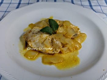 PECHUGA DE POLLO AL MICROONDAS CON CEBOLLA Y VINO