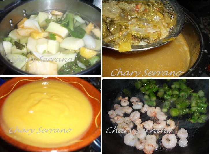 Crema de calabaza, verduras y gambas