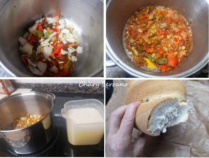 Sopa de pan con tomate, pimiento, cebolla y ajos.