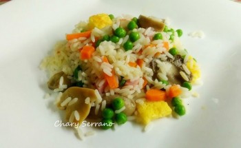 Salteado de arroz con hortalizas, champiñones y tortilla en Wok