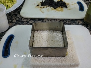 PASTEL DE SALMÓN, AGUACATE Y BOMBÓN DE CEBOLLA NEGRA