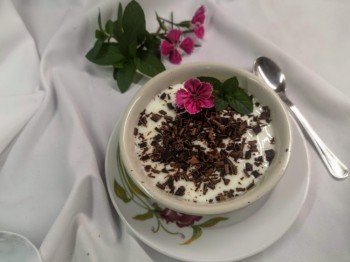 Crema cuajada con yogur y virutas de chocolate. Sin azúcar