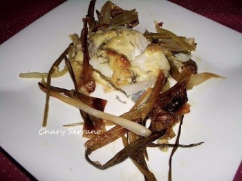 BACALAO AL HORNO CON CEBOLLITAS FRESCAS
